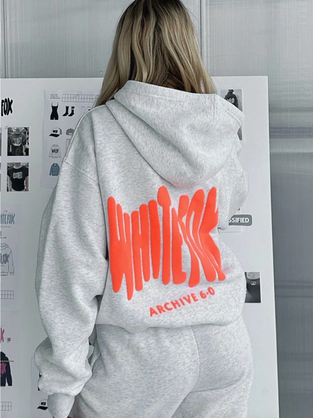 White Fox Boutique Gray Hoodie with Neon Coral Back Graphic - Picture 1 of 15